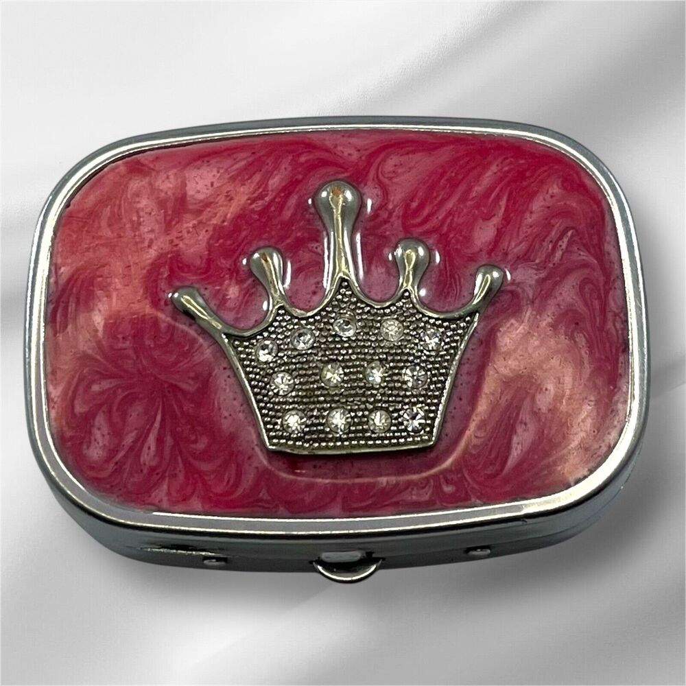Jeweled Crown Pillbox, Compact With Mirror, Pink, Push Button Opening